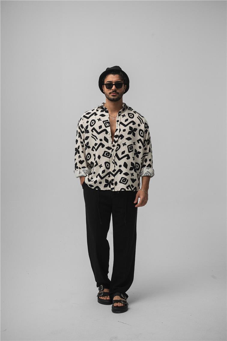 Desenli Müslin Oversize Gömlek Bej