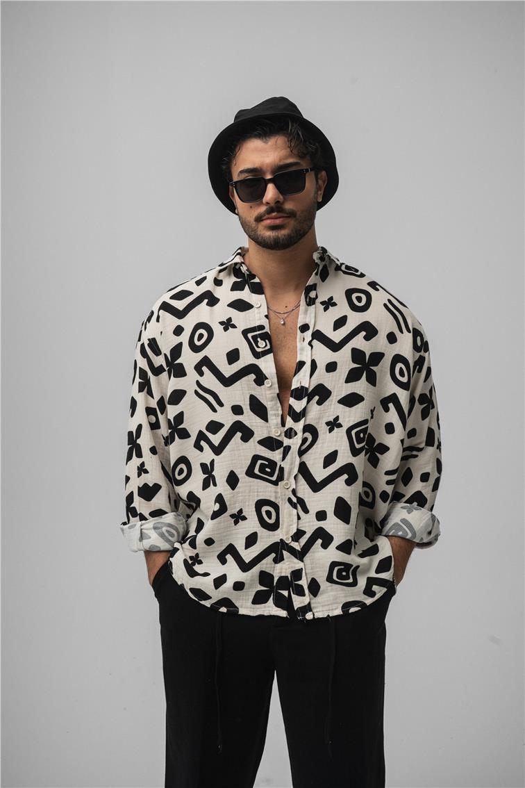 Desenli Müslin Oversize Gömlek Bej