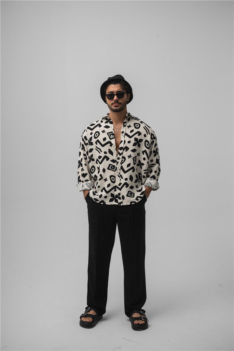 Desenli Müslin Oversize Gömlek Bej