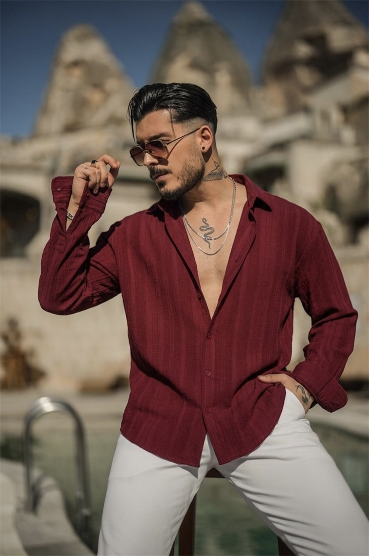 Desenli Müslin Oversize Gömlek Bordo