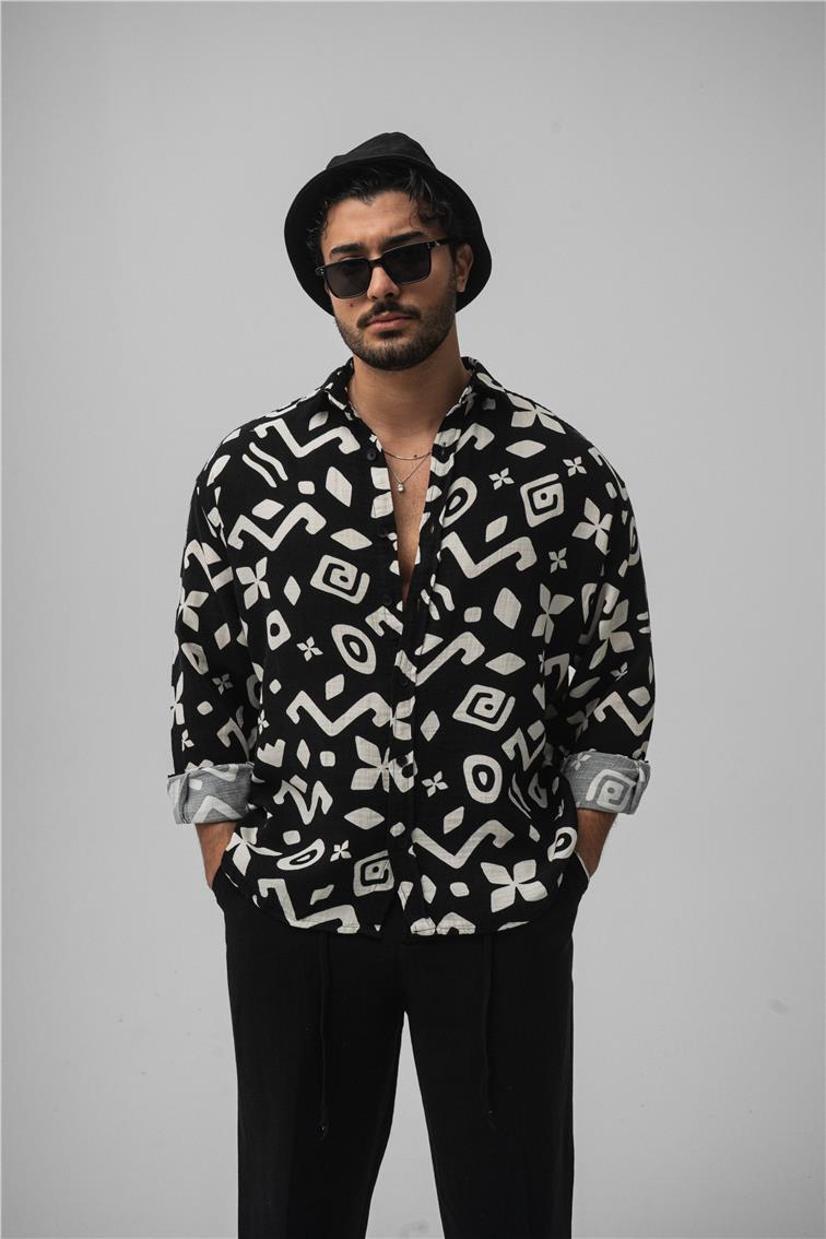 Desenli Müslin Oversize Gömlek Siyah