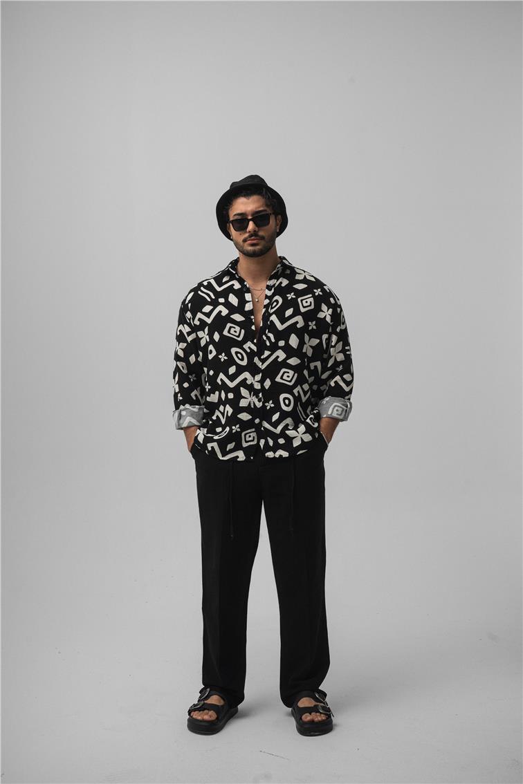 Desenli Müslin Oversize Gömlek Siyah