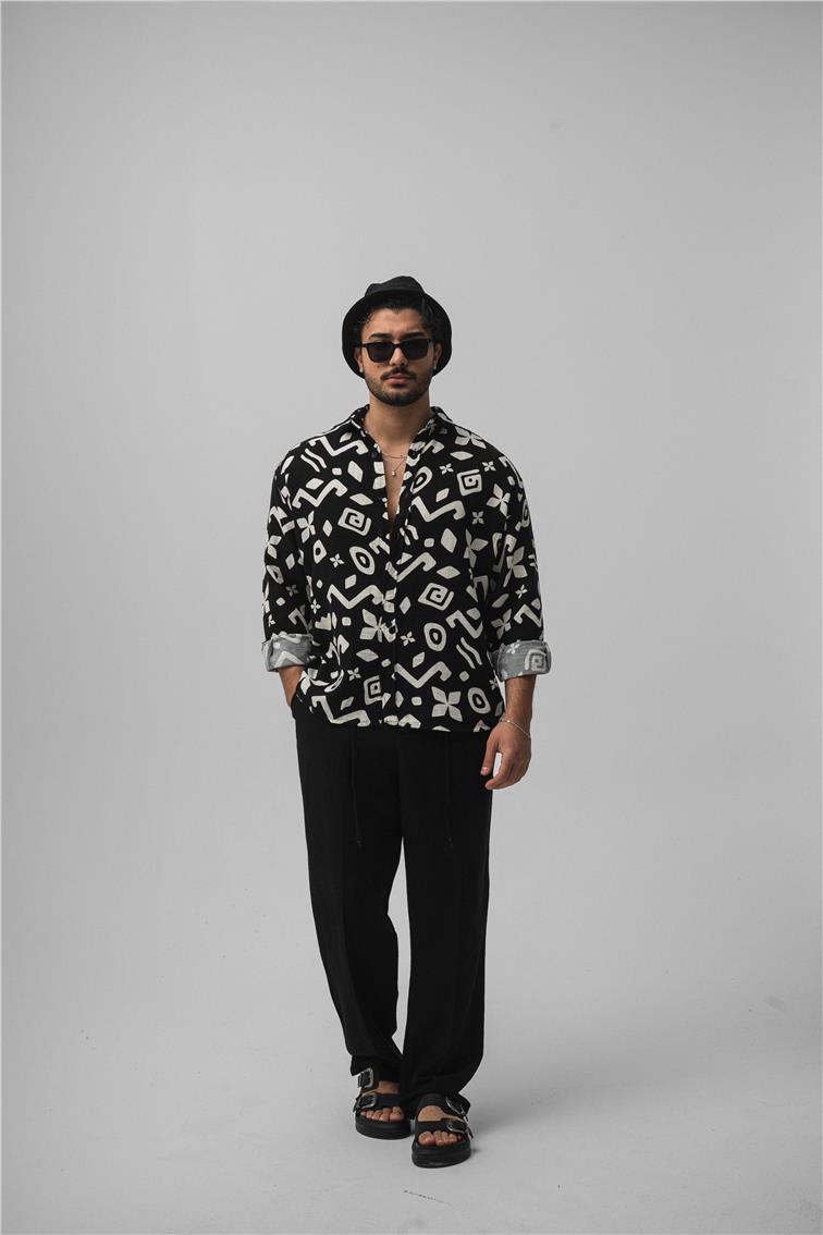 Desenli Müslin Oversize Gömlek Siyah