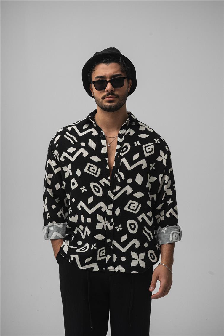 Desenli Müslin Oversize Gömlek Siyah
