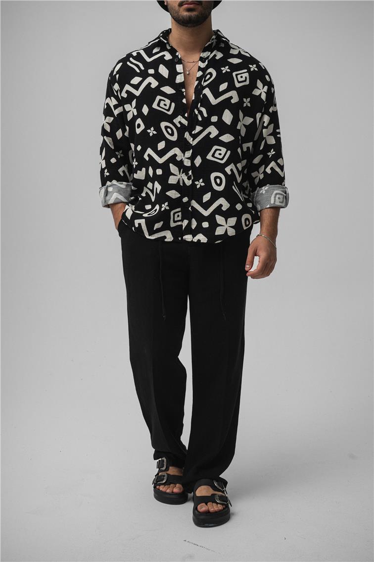 Desenli Müslin Oversize Gömlek Siyah