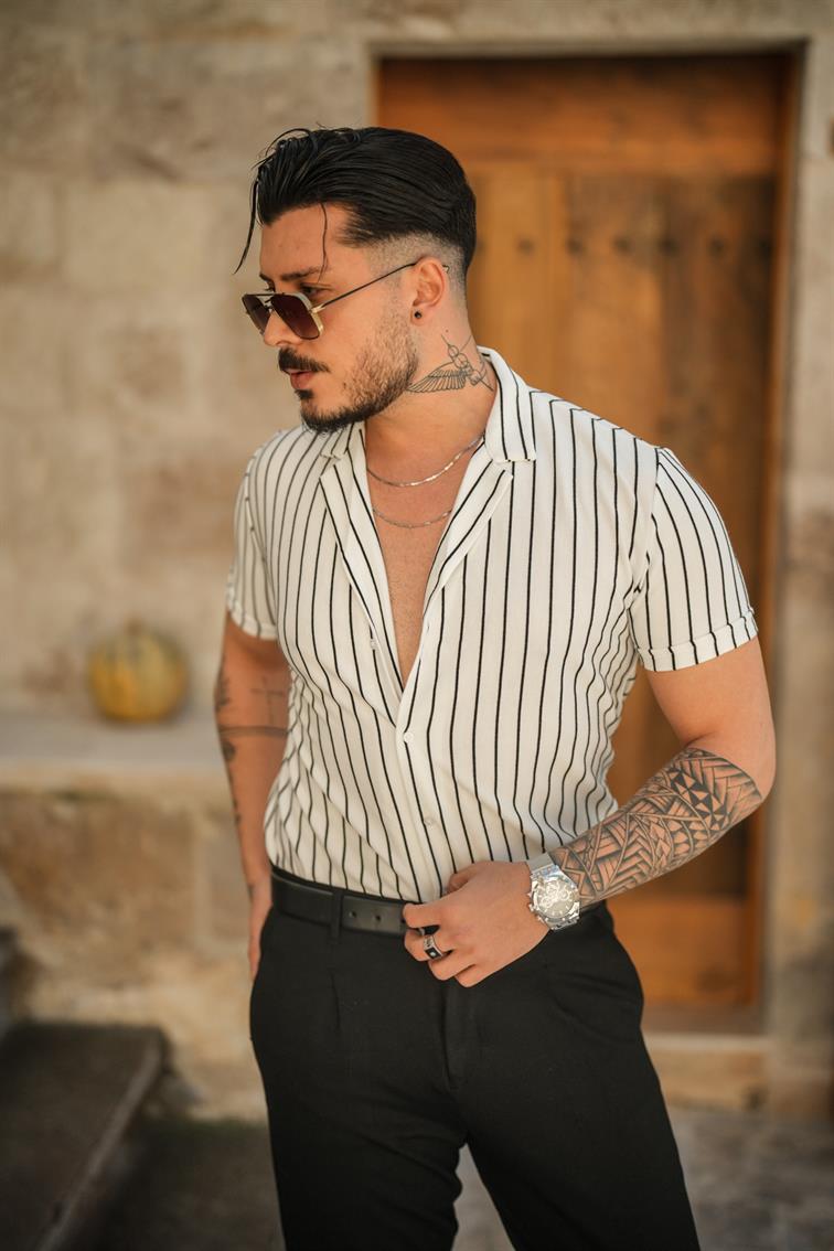 Dik Çizgili Slim Fit Gömlek Beyaz