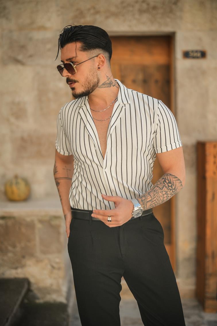 Dik Çizgili Slim Fit Gömlek Beyaz