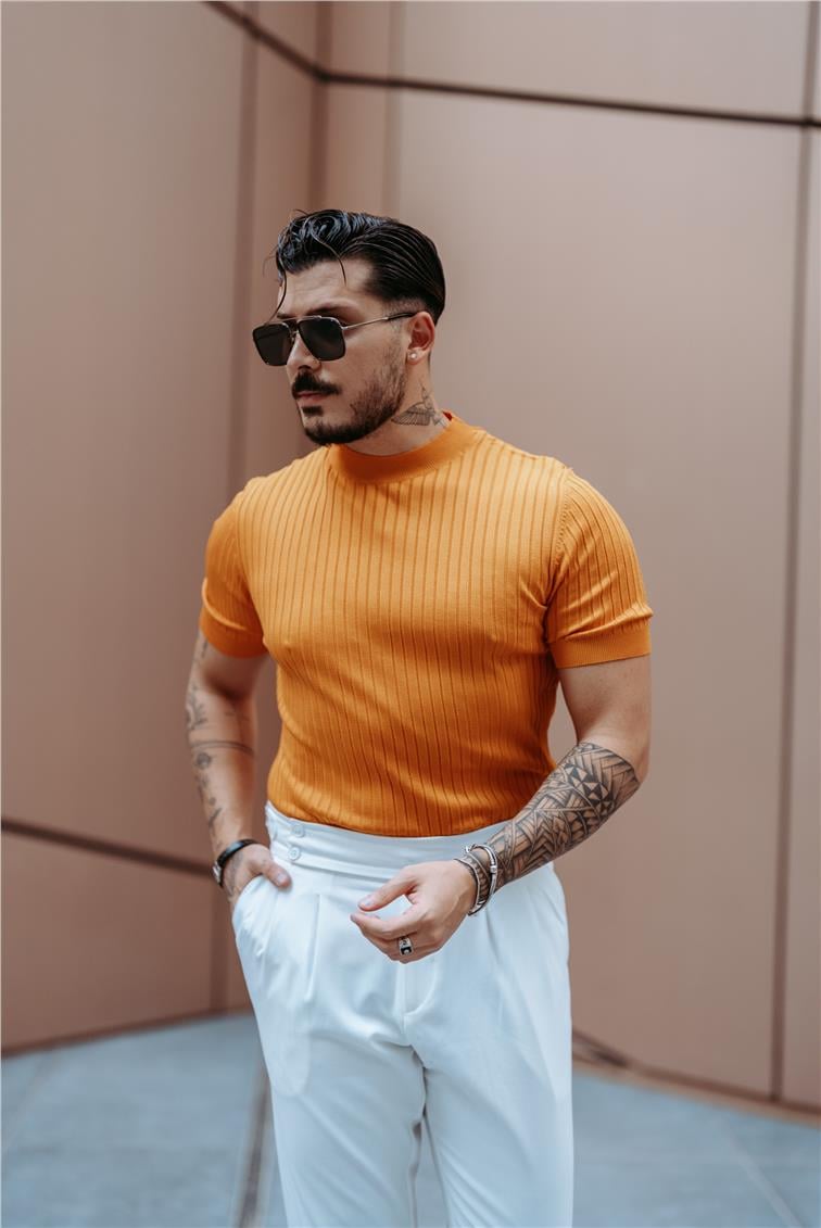 Dik Kabartmalı Slim Fit T-Shirt Turuncu
