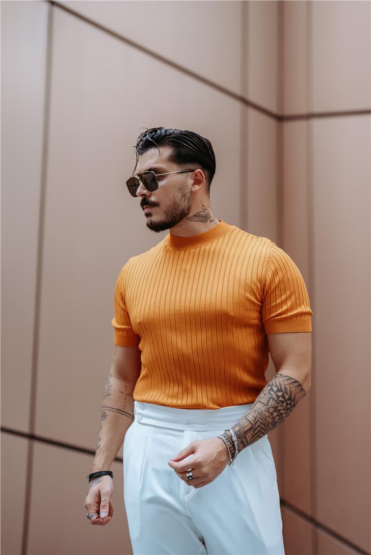 Dik Kabartmalı Slim Fit T-Shirt Turuncu