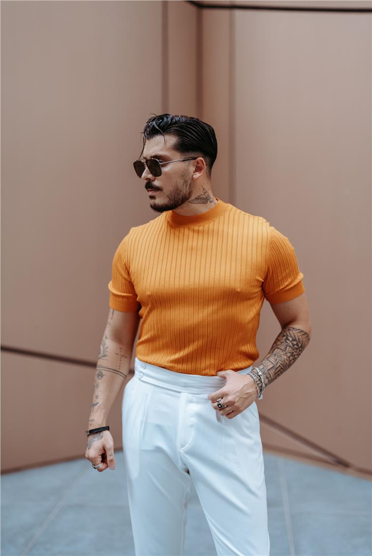 Dik Kabartmalı Slim Fit T-Shirt Turuncu