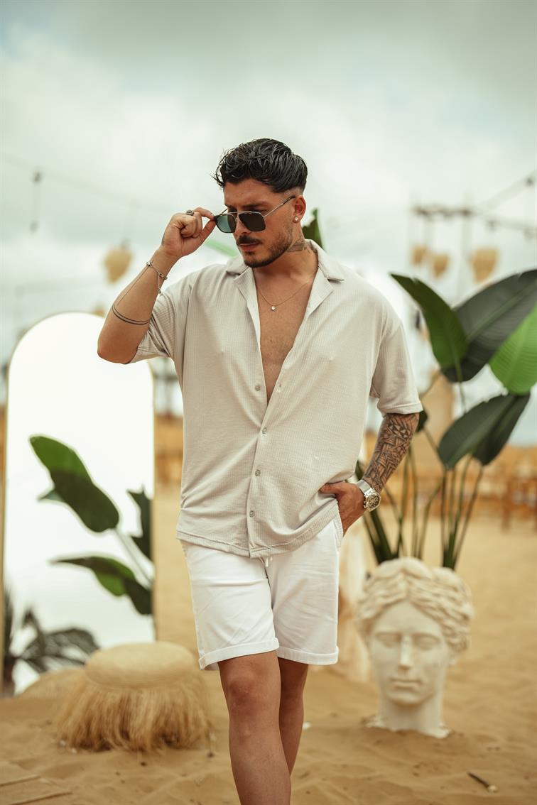 Dik Şeritli Oversize Kısa Kol Gömlek Gri