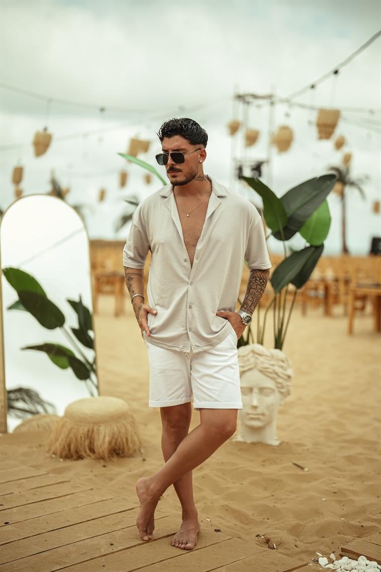 Dik Şeritli Oversize Kısa Kol Gömlek Gri