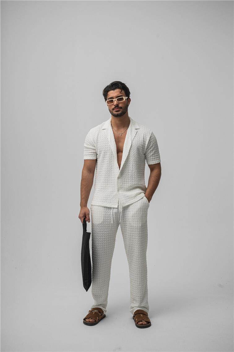 Dokulu Kumaş Oversize Gömlek Beyaz
