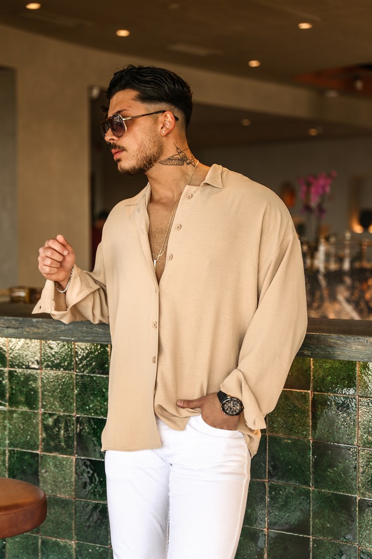 Dokulu Oversize Gömlek Bej