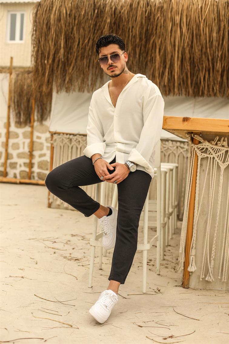 Dokulu Oversize Gömlek Beyaz