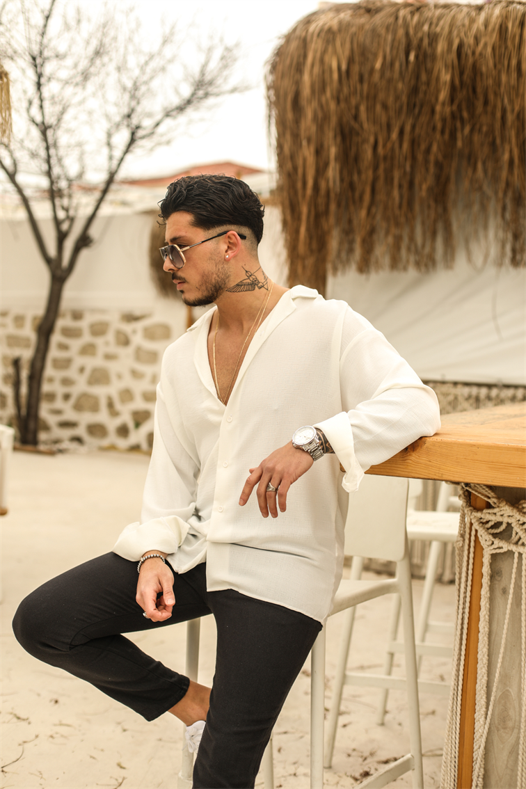 Dokulu Oversize Gömlek Beyaz