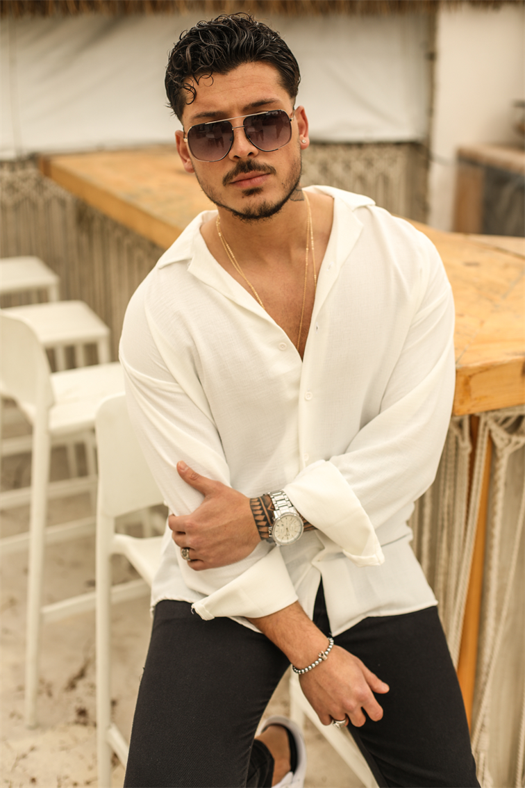 Dokulu Oversize Gömlek Beyaz