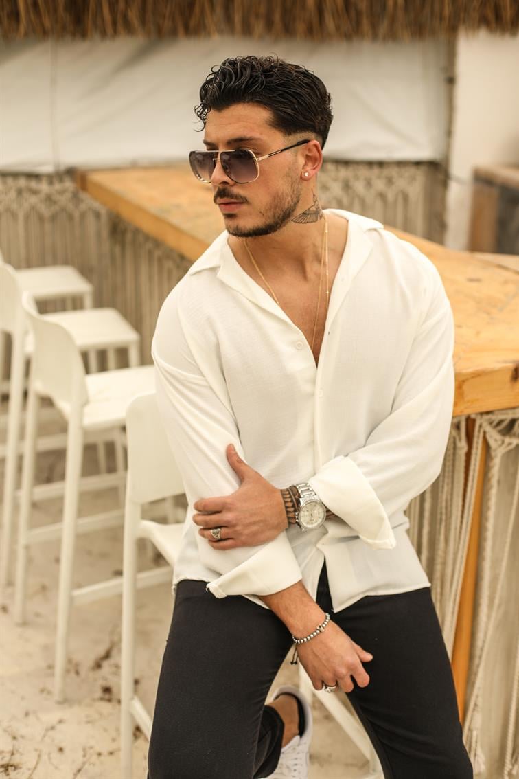 Dokulu Oversize Gömlek Beyaz