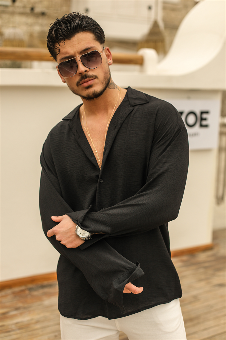 Dokulu Oversize Gömlek Siyah