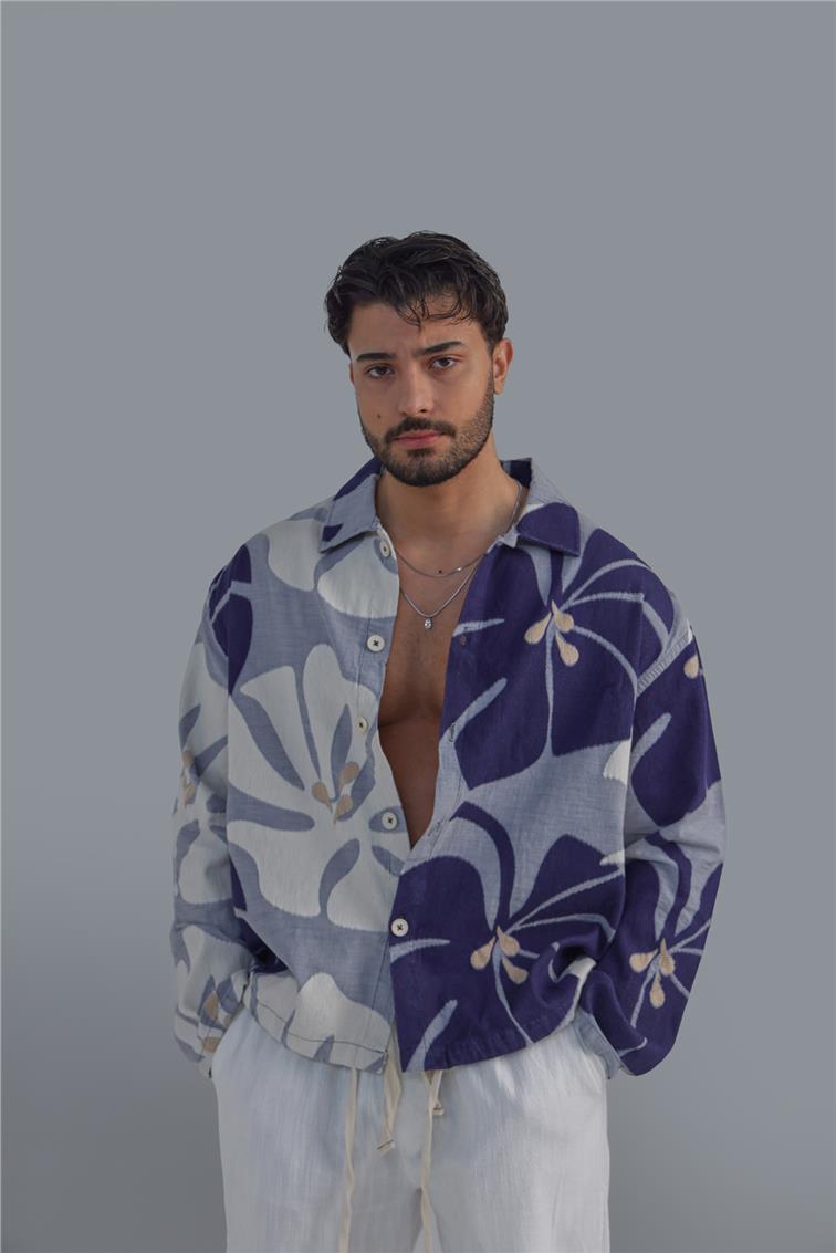 Double Color Linen Gömlek Mor-Krem