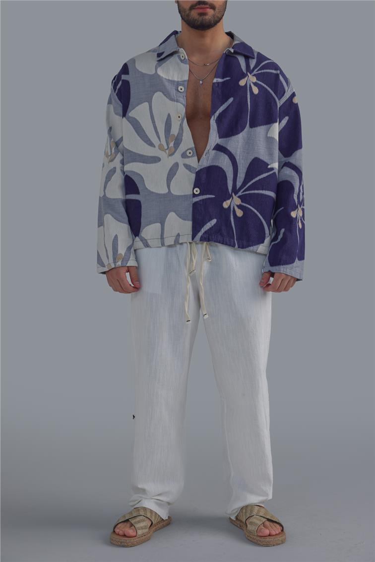 Double Color Linen Gömlek Mor-Krem