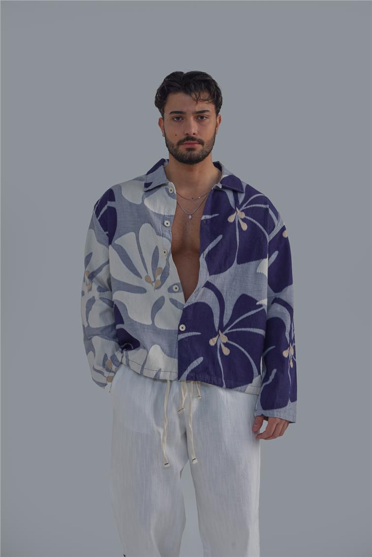 Double Color Linen Gömlek Mor-Krem