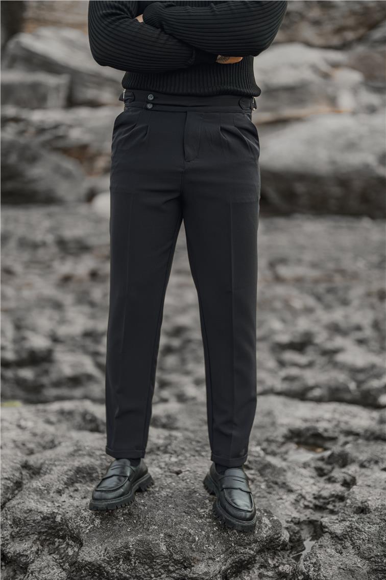 Düğme Detaylı Klasik Kalem Pantolon Siyah