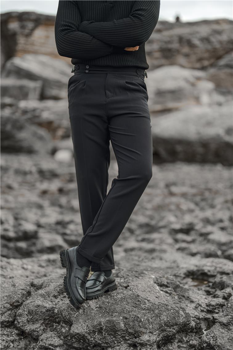 Düğme Detaylı Klasik Kalem Pantolon Siyah