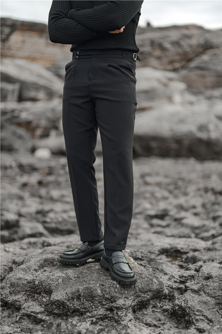 Düğme Detaylı Klasik Kalem Pantolon Siyah