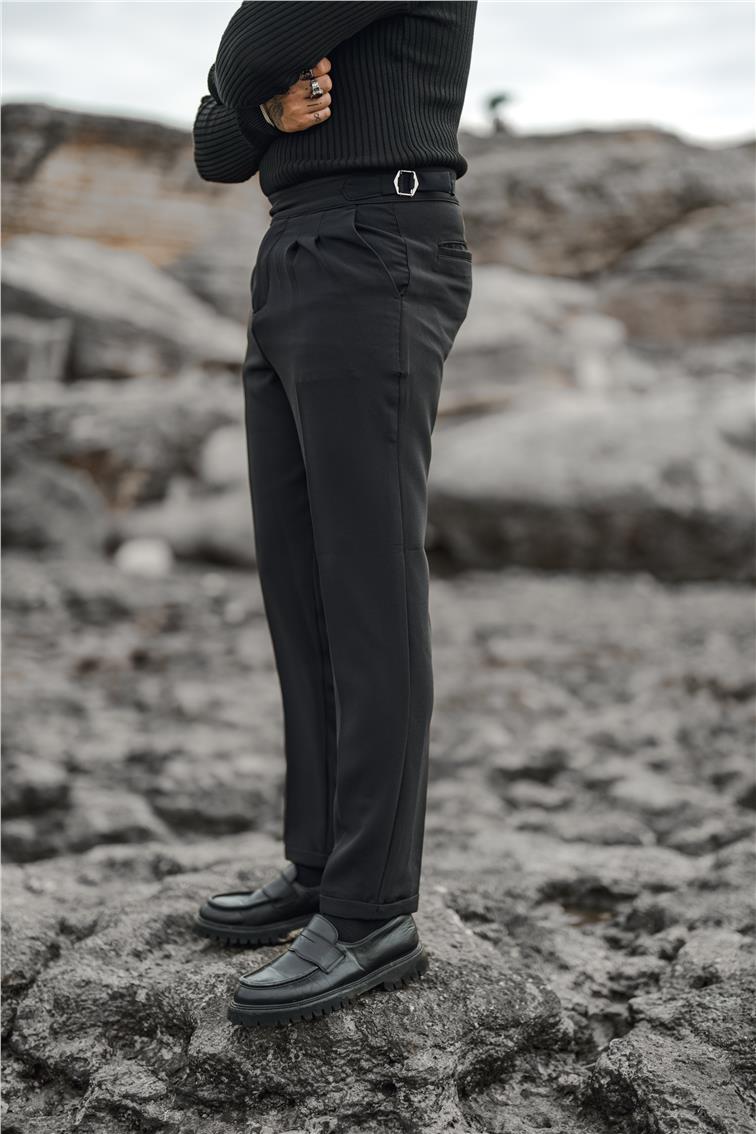 Düğme Detaylı Klasik Kalem Pantolon Siyah