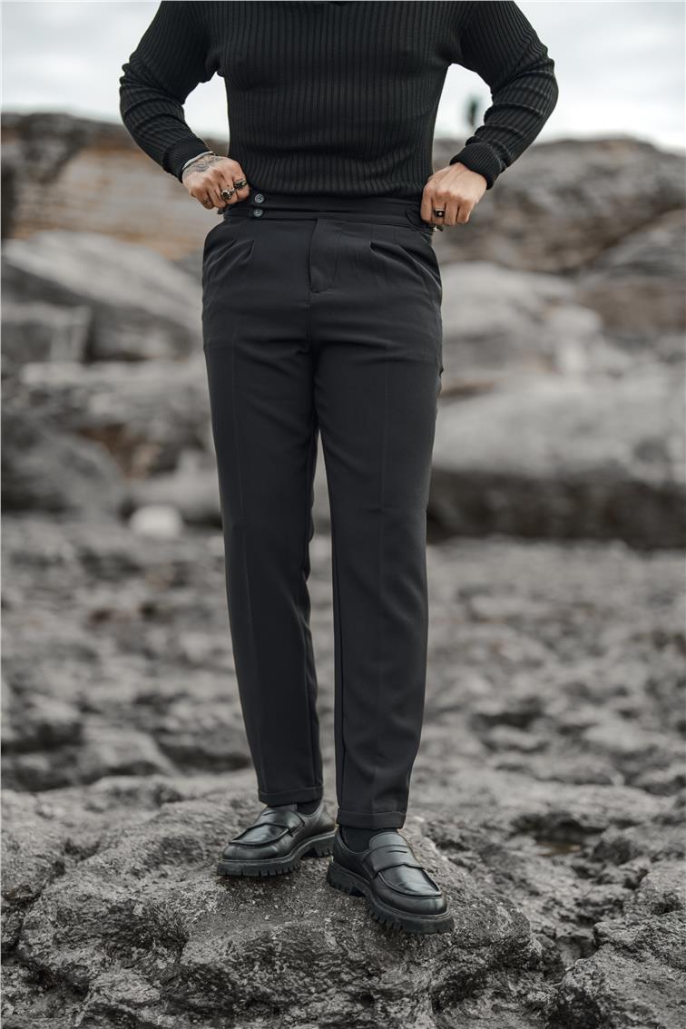 Düğme Detaylı Klasik Kalem Pantolon Siyah