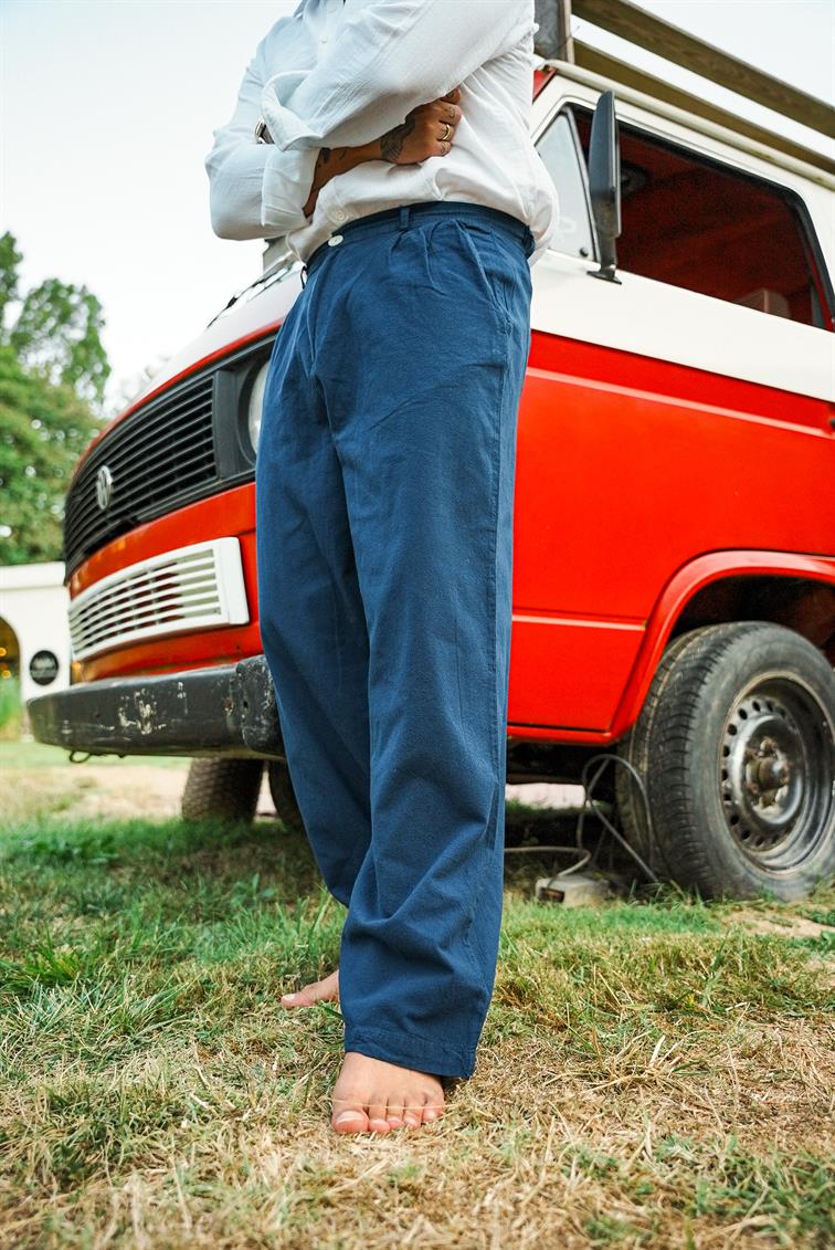 Düğmeli Bol Keten Pantolon Lacivert