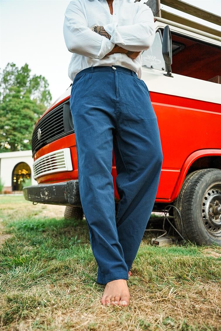 Düğmeli Bol Keten Pantolon Lacivert