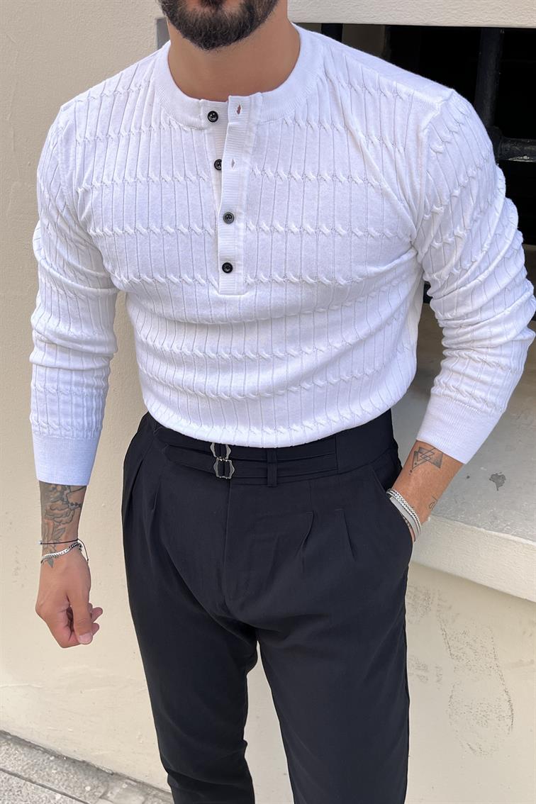 Düğmeli Hakim Yaka Bakla Desen Triko Kazak Beyaz