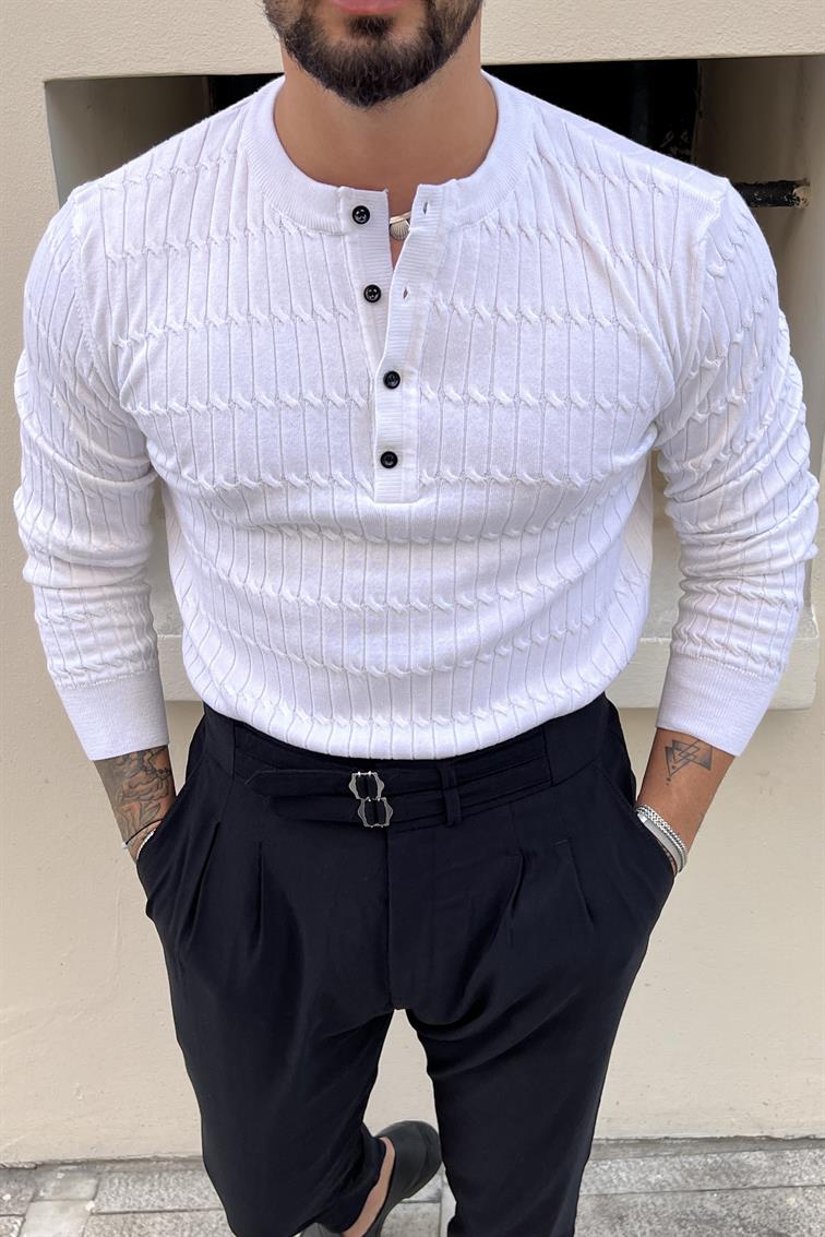 Düğmeli Hakim Yaka Bakla Desen Triko Kazak Beyaz