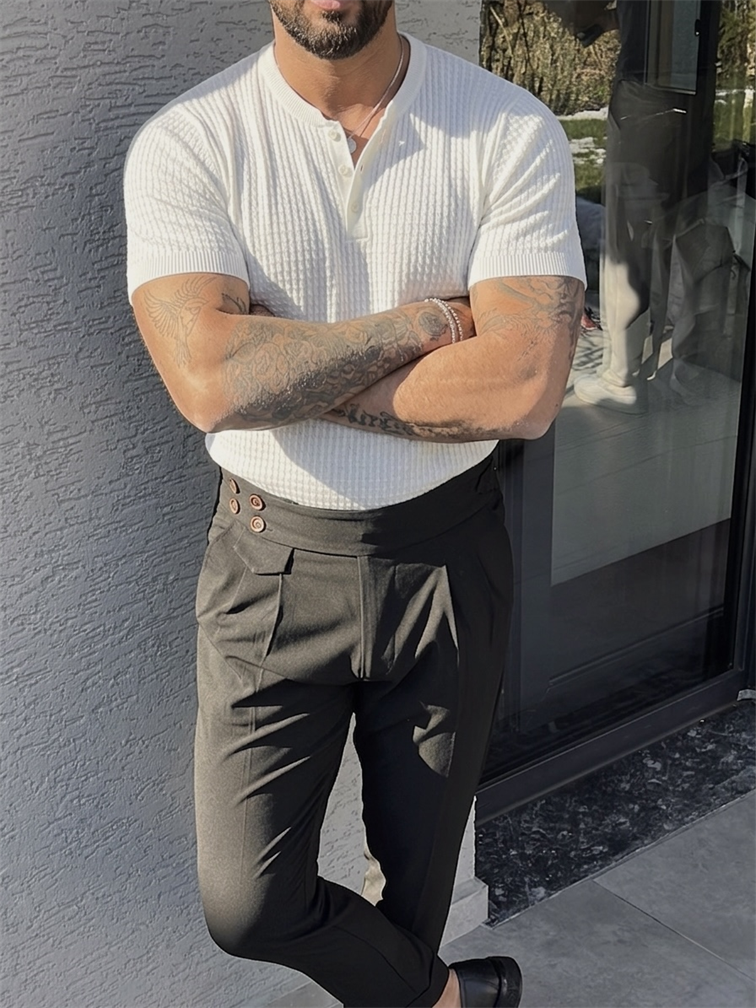 Düğmeli Kabartmalı Triko Tshirt Beyaz