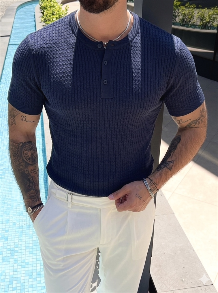 Düğmeli Kabartmalı Triko Tshirt Koyu Lacivert