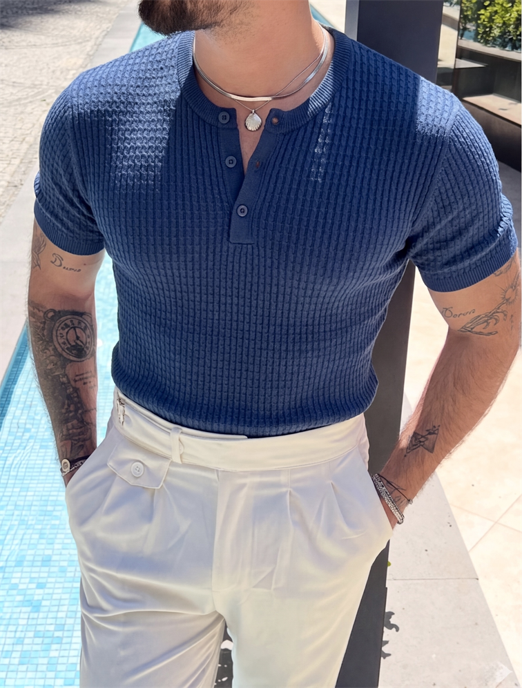 Düğmeli Kabartmalı Triko Tshirt Lacivert