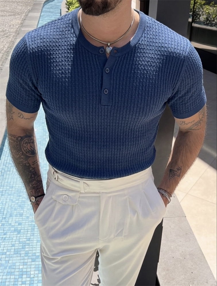 Düğmeli Kabartmalı Triko Tshirt Lacivert