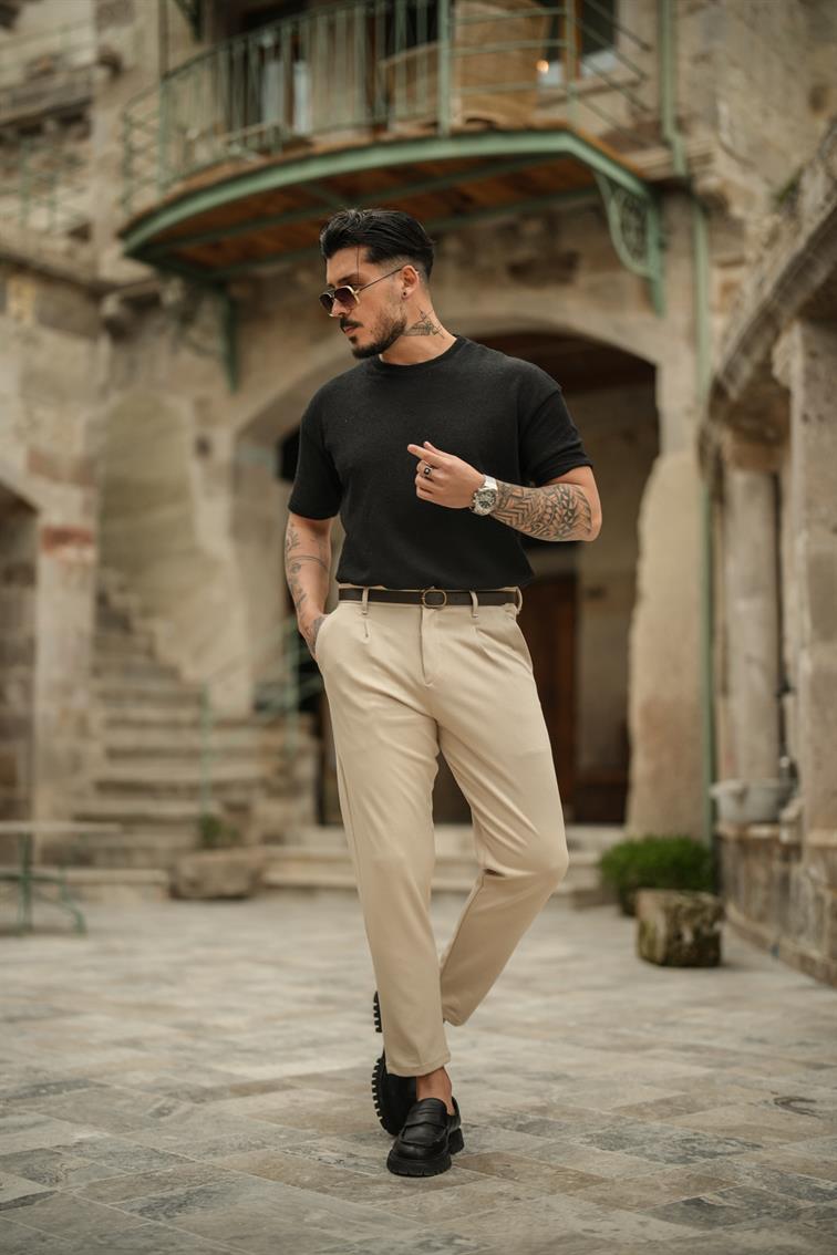 Düğmeli Kanvas Kalem Pantolon Krem