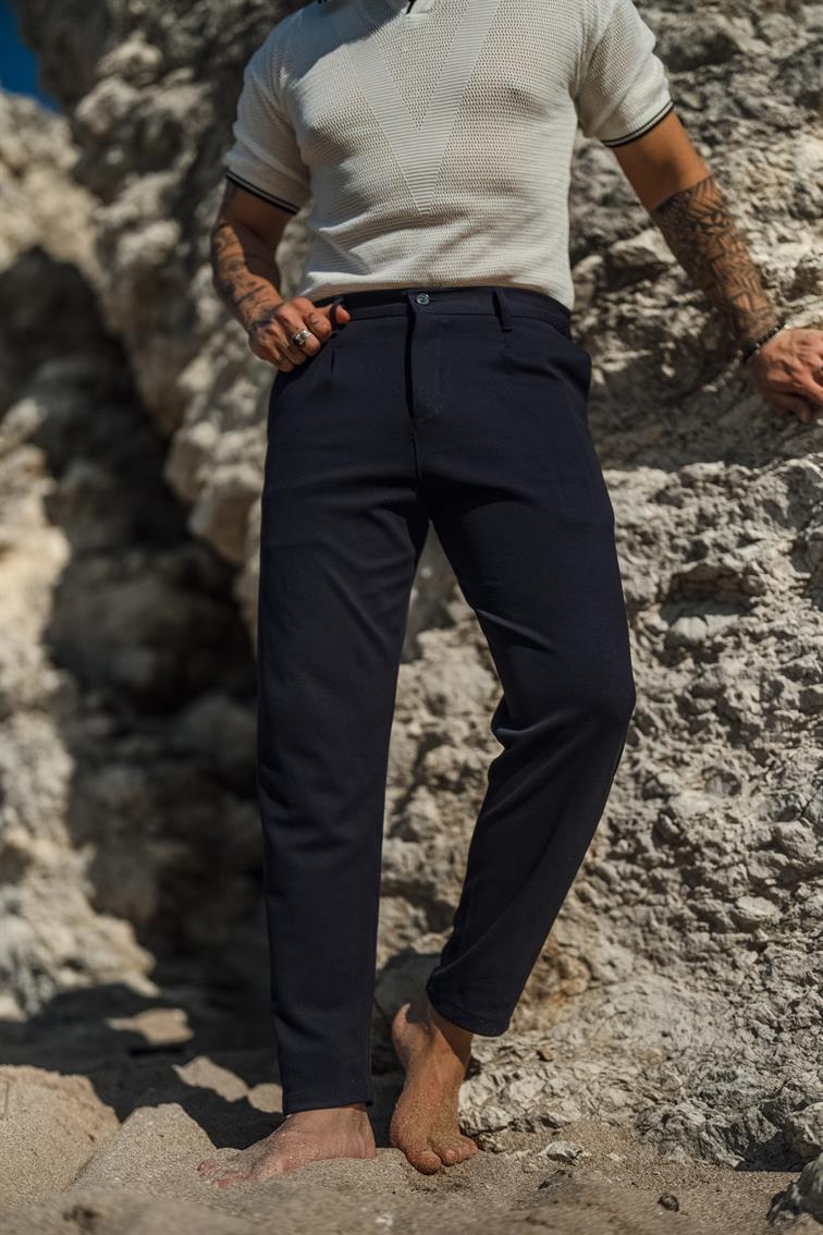 Düğmeli Kanvas Kalem Pantolon Lacivert