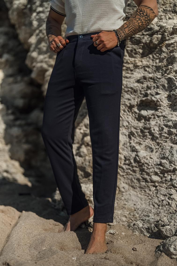 Düğmeli Kanvas Kalem Pantolon Lacivert