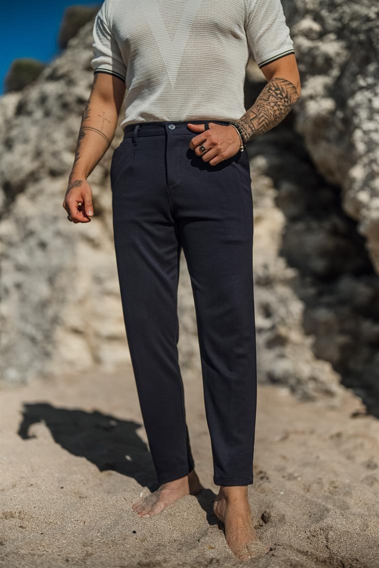 Düğmeli Kanvas Kalem Pantolon Lacivert