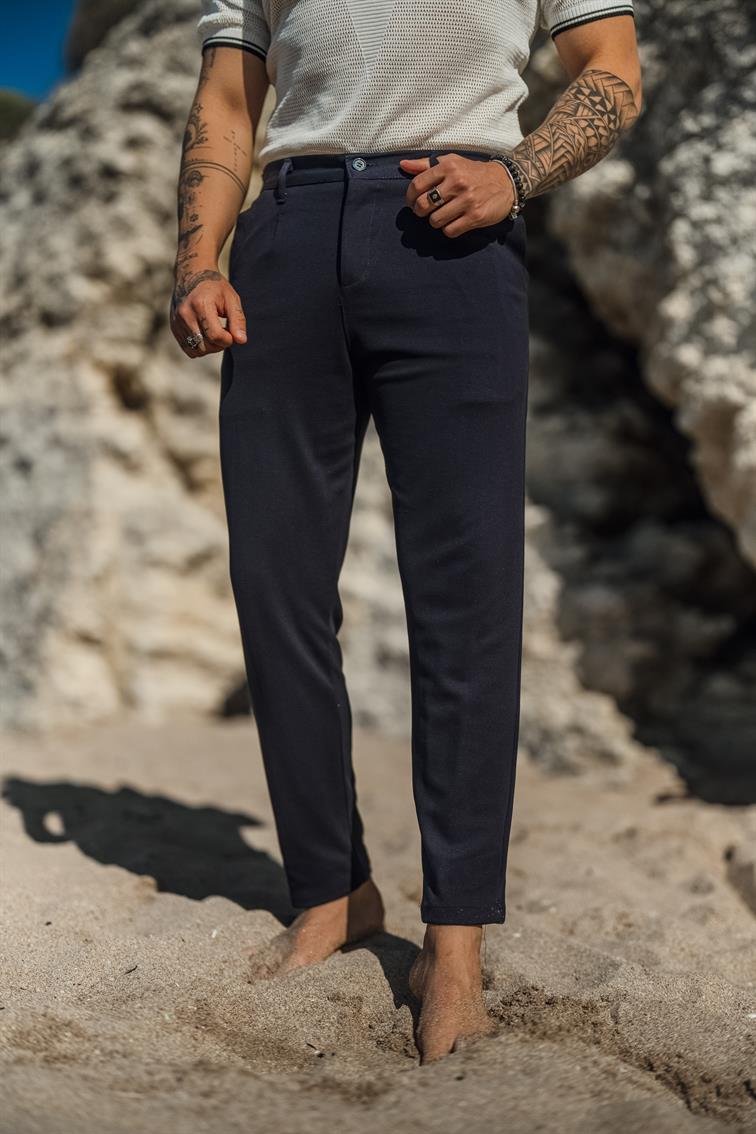 Düğmeli Kanvas Kalem Pantolon Lacivert