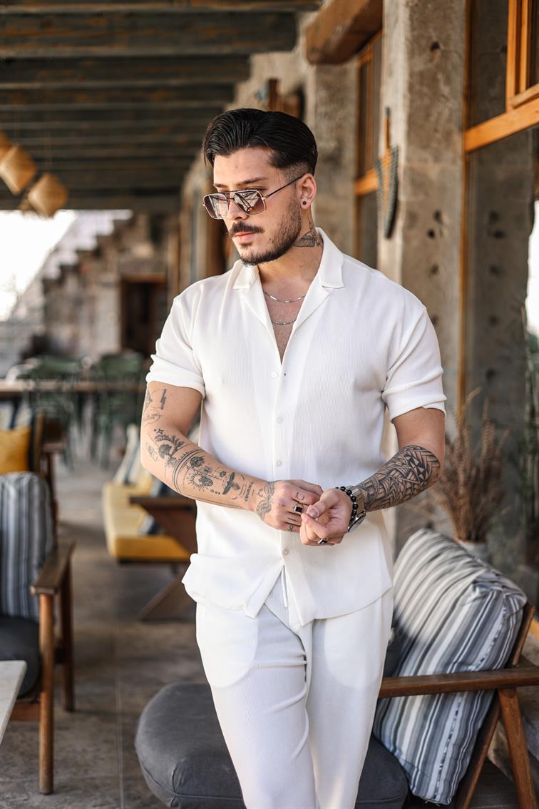 Düz Fitilli Oversize Kısa Kol Gömlek Beyaz
