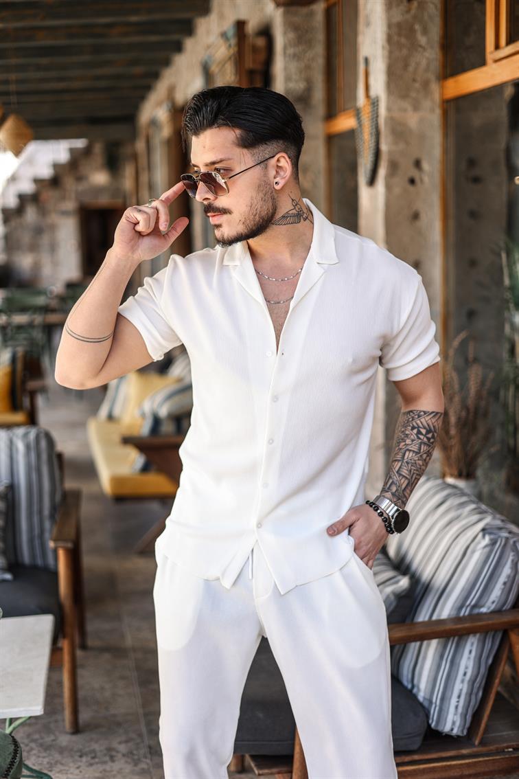 Düz Fitilli Oversize Kısa Kol Gömlek Beyaz