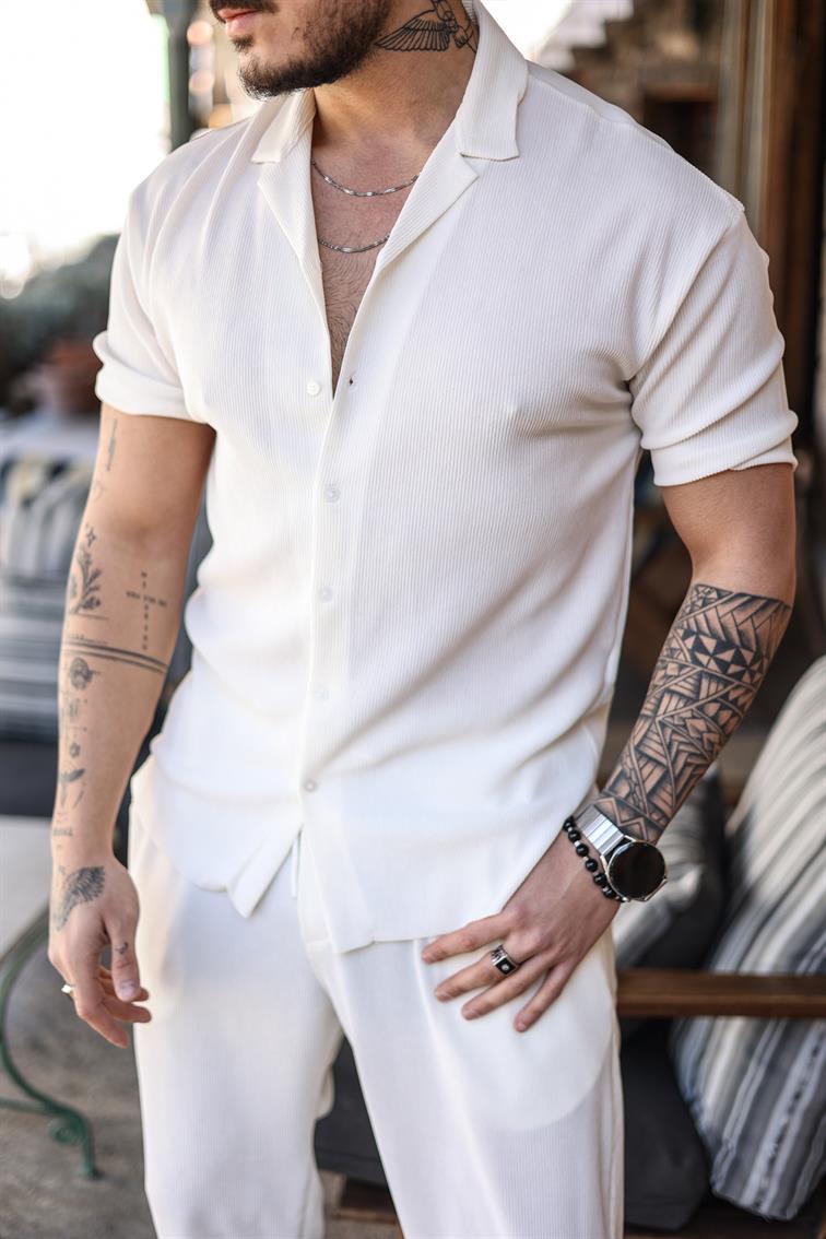 Düz Fitilli Oversize Kısa Kol Gömlek Beyaz