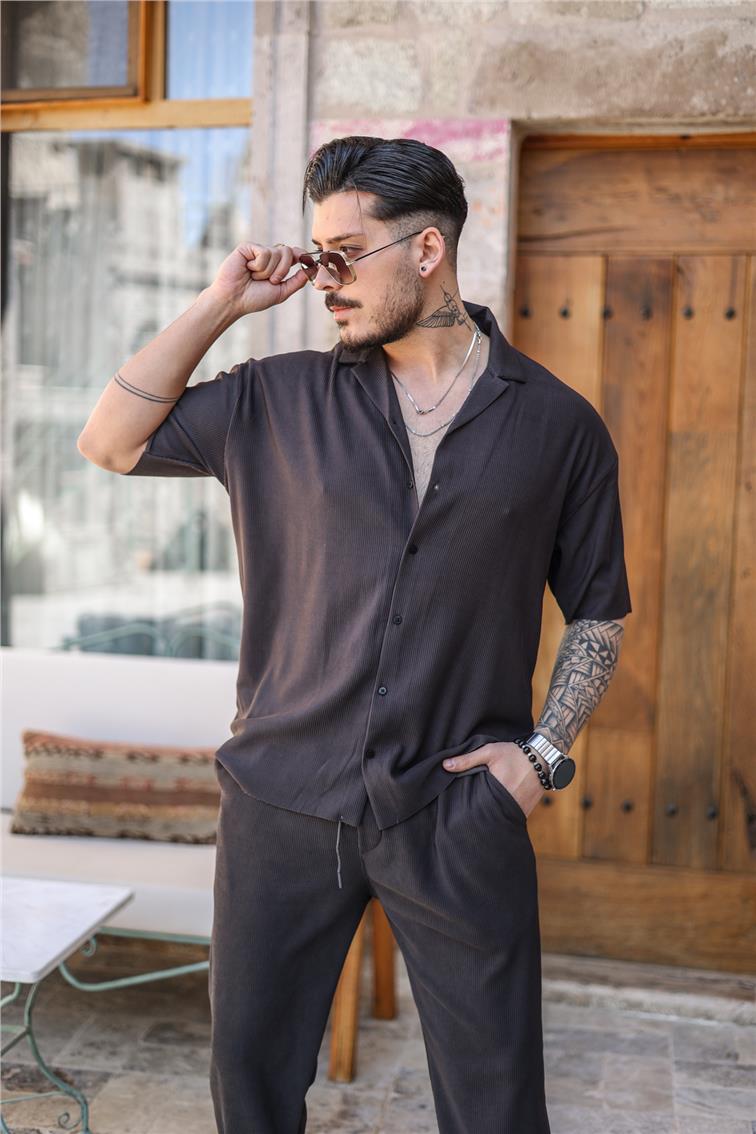 Düz Fitilli Oversize Kısa Kol Gömlek Füme