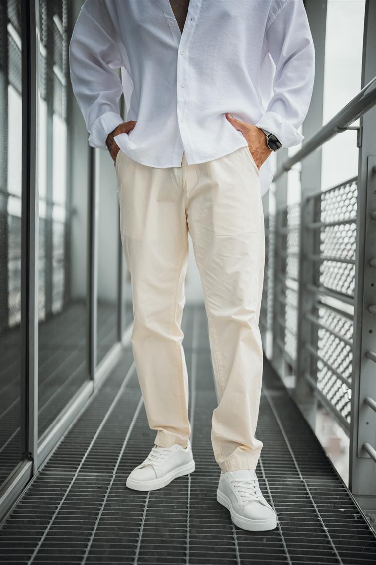 Düz Pamuku Boyfriend Pantolon Krem