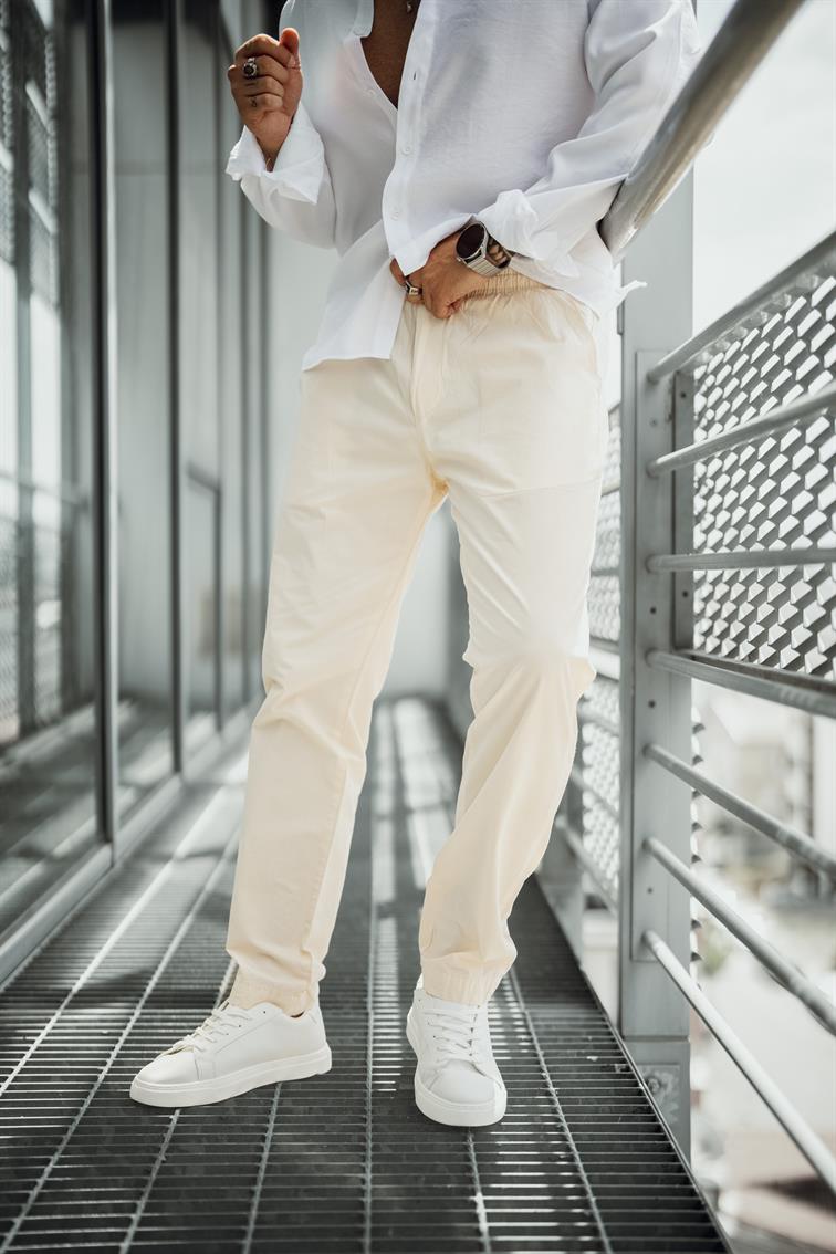 Düz Pamuku Boyfriend Pantolon Krem